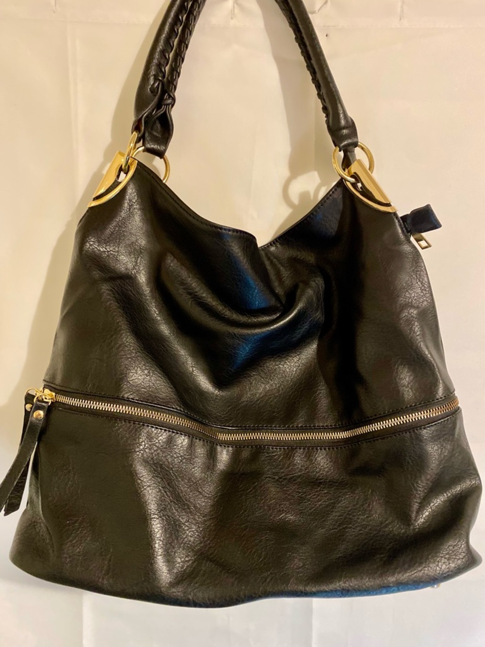 Black Shoulder Hobo Bag with Braided Strap and Gold Rings